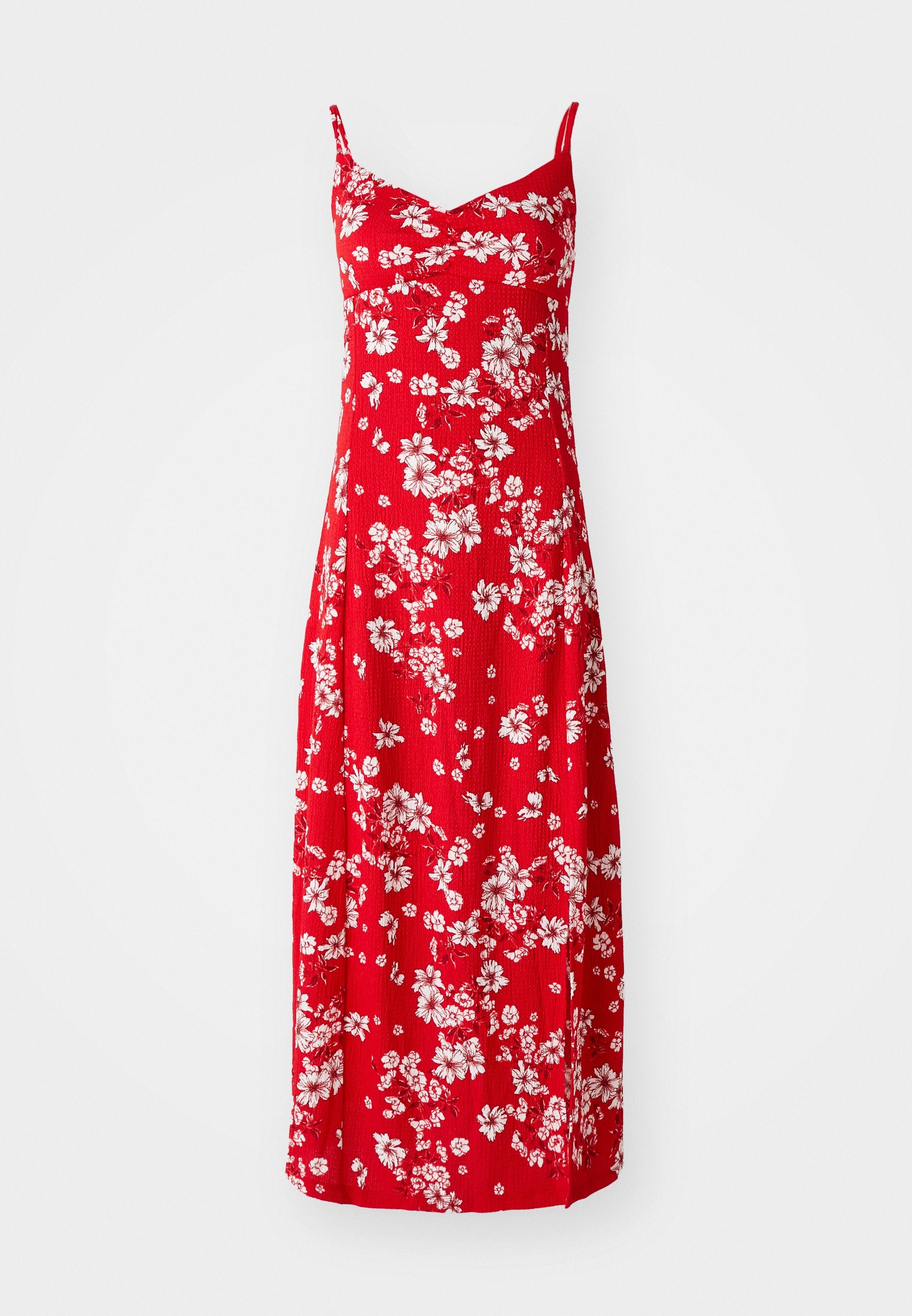 Rotes Midikleid mit weißen Blumenmustern, V-Ausschnitt, verstellbaren Trägern und einer strukturierten Stoffoberfläche.