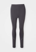 Schwarze Sportleggings aus elastischem Material mit dezenten grauen Akzenten, Seitenpanels und durchbrochenen Mustern an den Knöcheln.