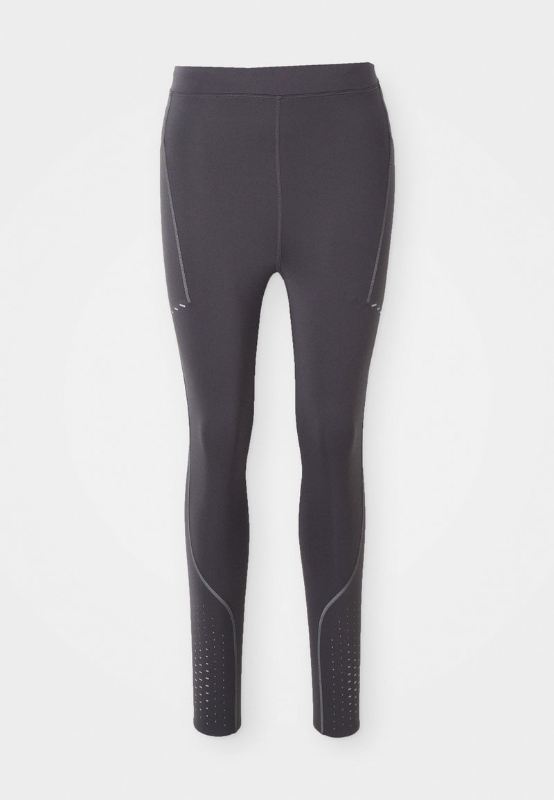Schwarze Sportleggings aus elastischem Material mit dezenten grauen Akzenten, Seitenpanels und durchbrochenen Mustern an den Knöcheln.