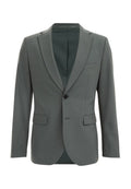 Grau maßgeschneiderter Blazer mit einem Ein-Knopfverschluss, slim fit, zwei vorderen Taschen und Reverskragen. Gefüttertes Innenmaterial in einem dunkleren Farbton.