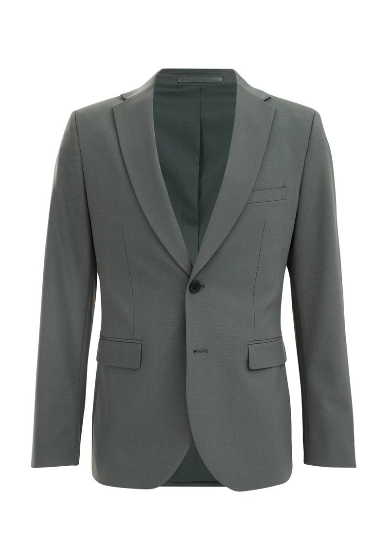 Grau maßgeschneiderter Blazer mit einem Ein-Knopfverschluss, slim fit, zwei vorderen Taschen und Reverskragen. Gefüttertes Innenmaterial in einem dunkleren Farbton.