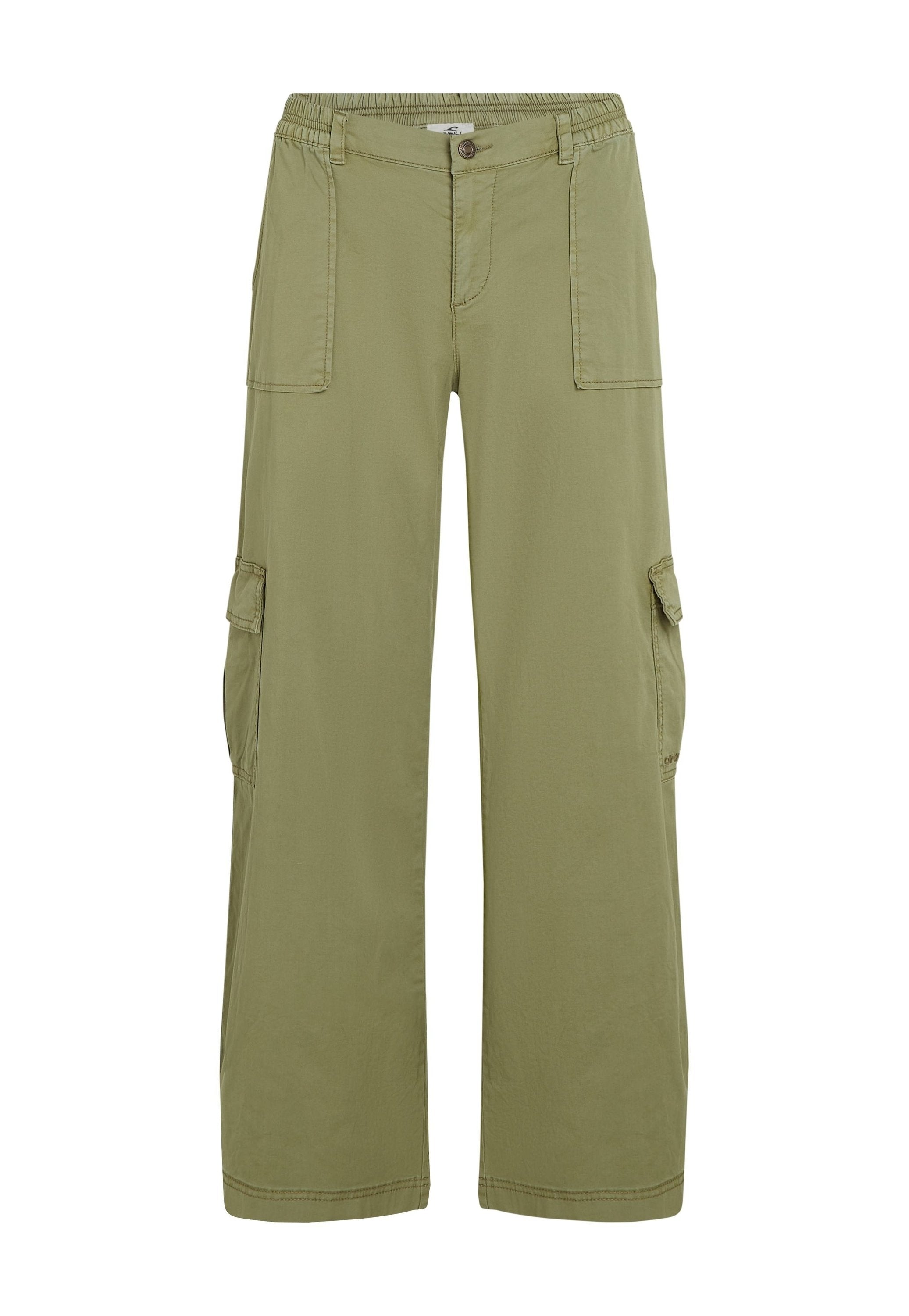 Cargo-Hosen in Olivgrün, mit einer lockeren Passform, elastischem Bund, mehreren seitlichen Taschen und einem glatten, leichten Stoff.