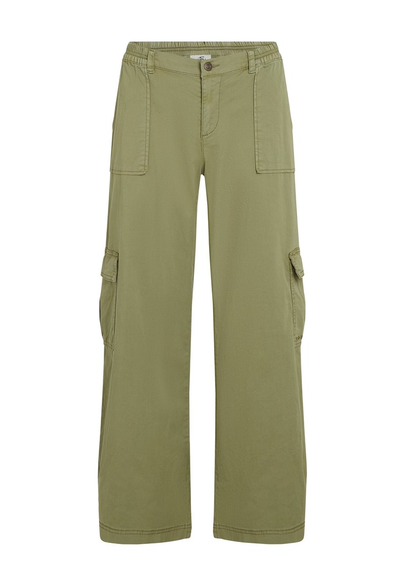 Cargo-Hosen in Olivgrün, mit einer lockeren Passform, elastischem Bund, mehreren seitlichen Taschen und einem glatten, leichten Stoff.