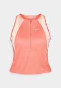 Helles korallenfarbenes ärmelloses Sporttop mit Reißverschluss vorne, Netzpaneelen und einem weißen Nike-Logo. Eigenschaften sind ein figurbetontes Design und ein strukturiertes Material.