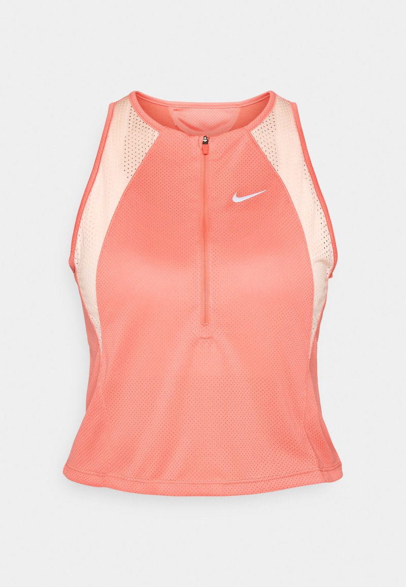 Helles korallenfarbenes ärmelloses Sporttop mit Reißverschluss vorne, Netzpaneelen und einem weißen Nike-Logo. Eigenschaften sind ein figurbetontes Design und ein strukturiertes Material.