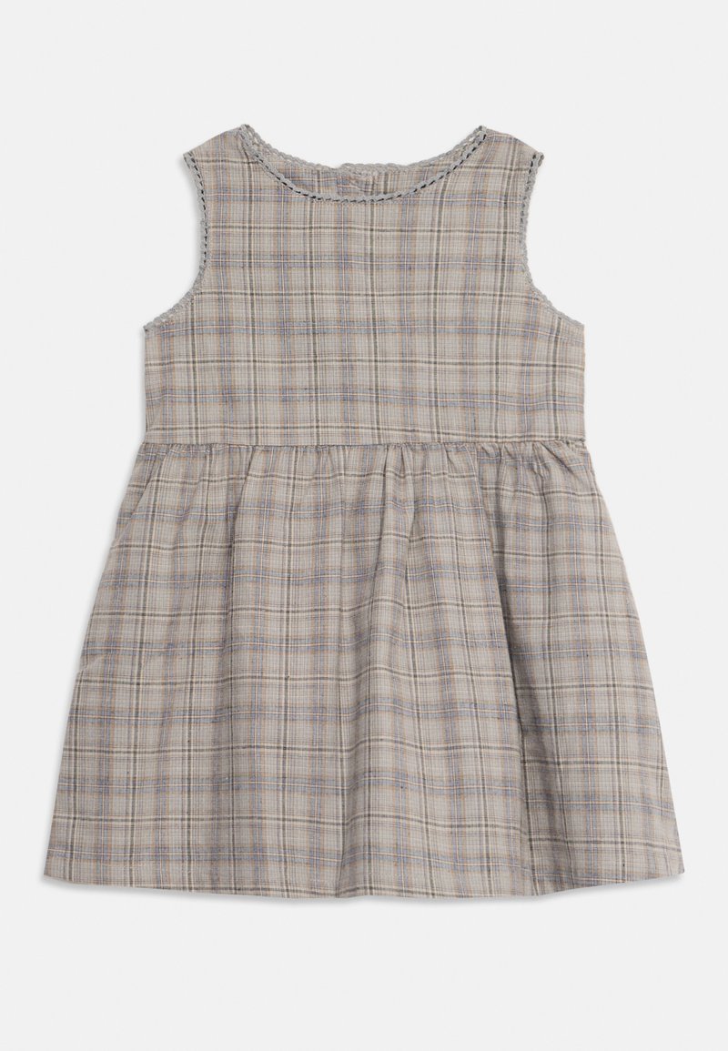 Ärmelloses Kleid aus leichtem Karostoff in Beige-, Blau- und Brauntönen. Mit gerafftem Taillenband und Spitzenbesatz entlang des Ausschnitts.