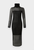 Langes schwarzes durchsichtiges Kleid mit langen Ärmeln, Rollkragen und durchgehend schwarzer Fütterung von der Brust bis zur Mitte des Oberschenkels.