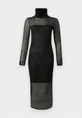 Langes schwarzes durchsichtiges Kleid mit langen Ärmeln, Rollkragen und durchgehend schwarzer Fütterung von der Brust bis zur Mitte des Oberschenkels.