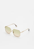 Goldene Metallsonnenbrille mit einem achteckigen Rahmen und Verlaufstönung in Grüntönen. Mit Kettenglied-Detailierung an den Bügeln und dunklen Enden.