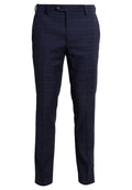 Dunkelblaue Slim-Fit-Hosen für Herren mit dezentem Karomuster, Gürtelschlaufen, Knopfverschluss und Eingrifftaschen.
