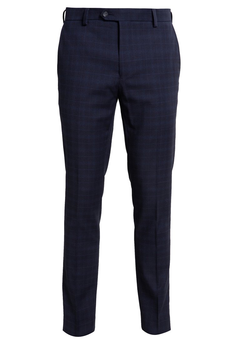 Dunkelblaue Slim-Fit-Hosen für Herren mit dezentem Karomuster, Gürtelschlaufen, Knopfverschluss und Eingrifftaschen.
