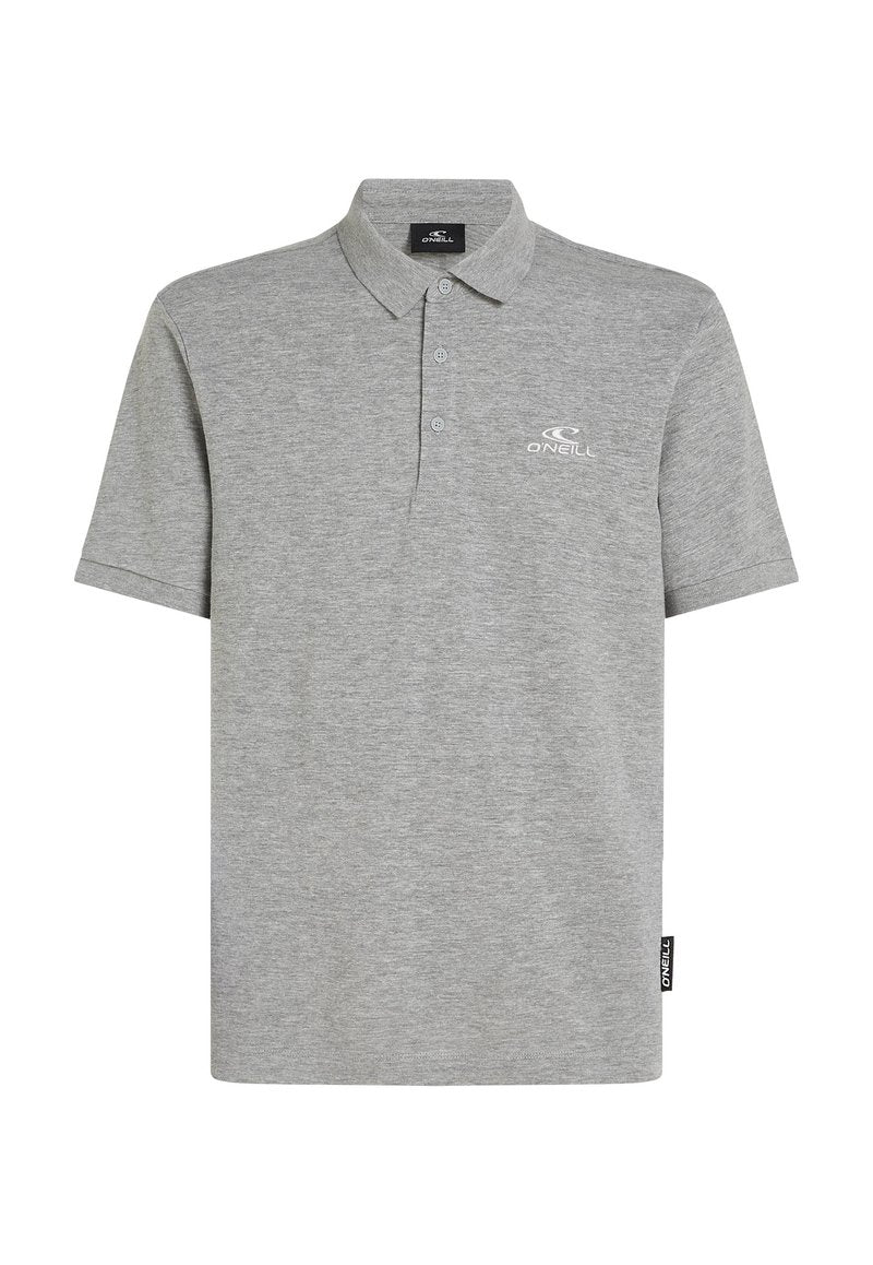 Grau Polo-Shirt mit klassischem Kragen, drei Knöpfen und einem dezenten O'Neill-Logo in Weiß auf der Brust. Glatte Stofftextur.