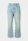 Hellblaue, ausgestellte Jean mit hoher Taille, ausgestattet mit fünf Taschen, Gürtelschlaufen und einem ausgewaschenen Denim-Look.