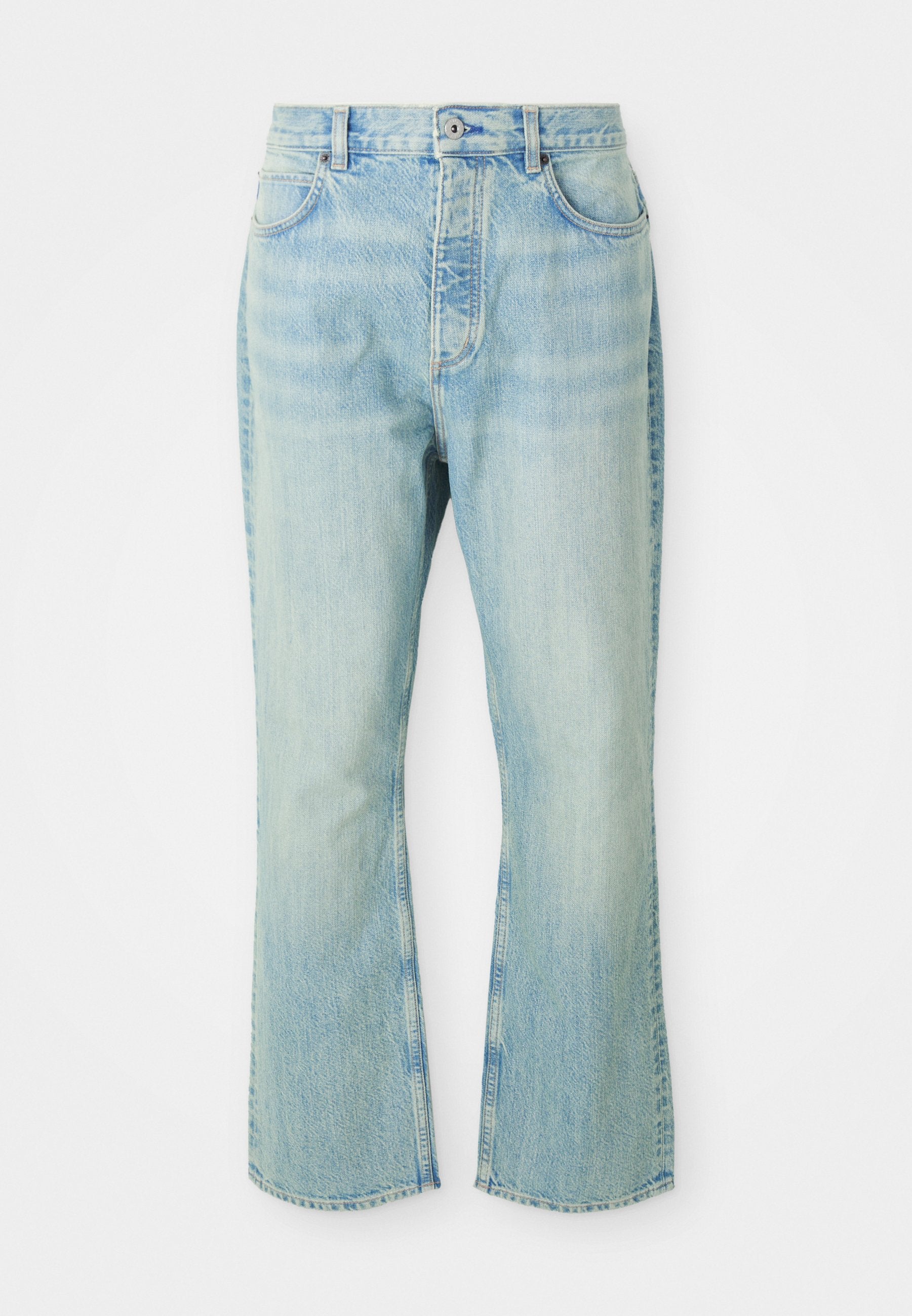 Hellblaue, ausgestellte Jean mit hoher Taille, ausgestattet mit fünf Taschen, Gürtelschlaufen und einem ausgewaschenen Denim-Look.