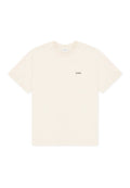 Cremefarbenes T-Shirt mit kurzen Ärmeln und Rundhalsausschnitt, mit kleinem schwarzem "LES DEUX"-Schriftzug auf der linken Brust.