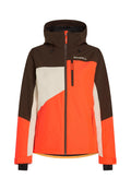 Bunte Skijacke mit Kapuze, die braune, orange und weiße Panele aufweist. Sie verfügt über Reißverschlusstaschen und einen verstellbaren Saum.