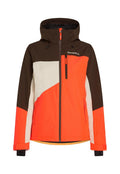 Bunte Skijacke mit Kapuze, die braune, orange und weiße Panele aufweist. Sie verfügt über Reißverschlusstaschen und einen verstellbaren Saum.