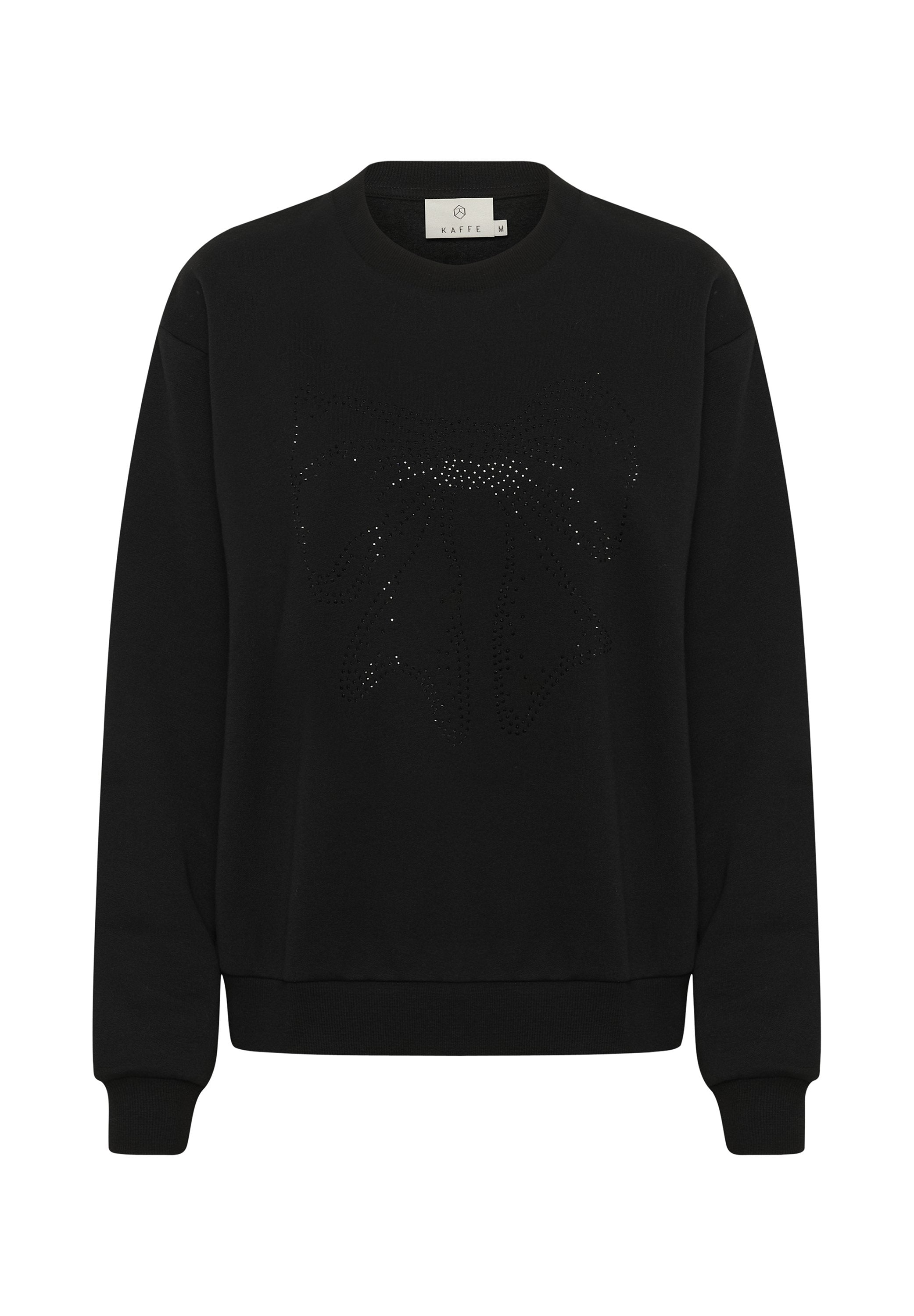 Schwarzer Pullover mit Rundhalsausschnitt, langen Ärmeln und gerippten Bündchen. Auf der Vorderseite befindet sich ein funkelförmiges Schleifenmuster, das aus kleinen Verzierungen besteht.