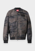 Bomberjacke in Dunkelgrau mit schwarzen abstrakten Mustern, Reißverschluss, gerippte Bündchen und Saum, mit einem Markenetikett am Kragen und Logo-Detail.