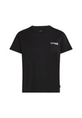 Schwarzes Baumwoll-T-Shirt mit Rundhalsausschnitt, kurzen Ärmeln und weißem O'Neill-Logo auf der linken Brust. Glatte Textur, normale Passform.