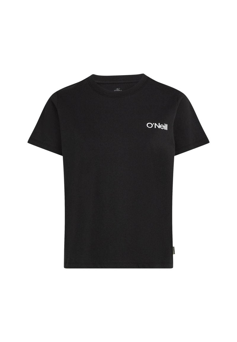 Schwarzes Baumwoll-T-Shirt mit Rundhalsausschnitt, kurzen Ärmeln und weißem O'Neill-Logo auf der linken Brust. Glatte Textur, normale Passform.