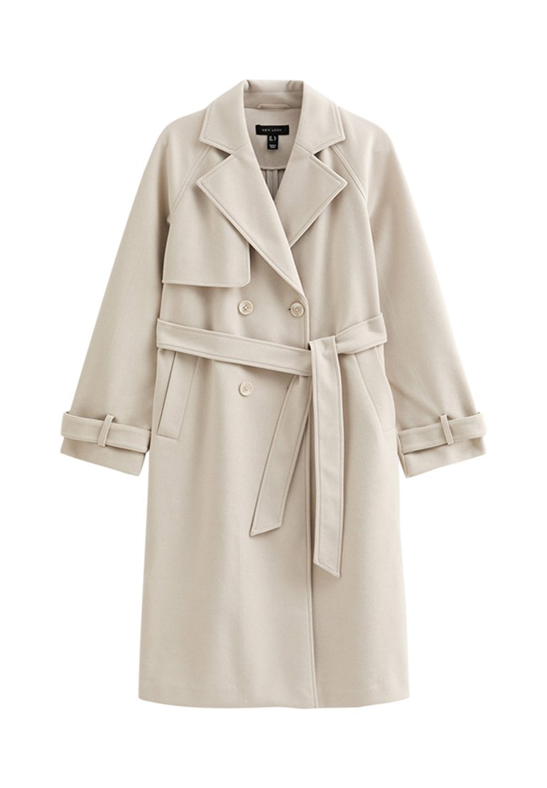 Beiger Trenchcoat mit langen Ärmeln, doppelreihiger Vorderseite, breiten Revers und einem Gürtel in der Taille. Glatter Stoff ohne sichtbare Muster.