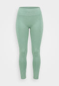 Hellgrüne Nike Pro nahtlose Leggings mit gerippter Struktur und hohem Bund mit "NIKE PRO"-Schriftzug.
