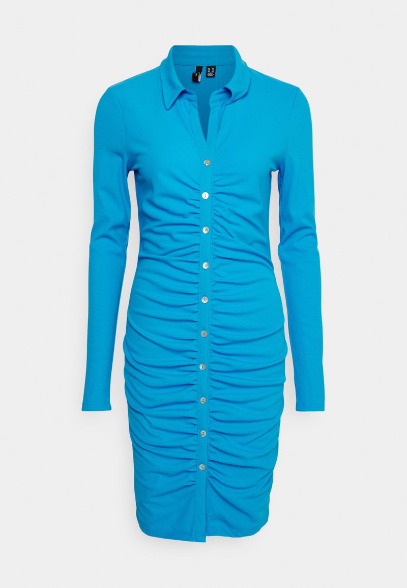 Blaues Strickkleid mit langen Ärmeln, Kragen und Knopfverschluss vorne. Verfügt über eine geraffte Textur entlang des Körpers für eine figurbetonte Passform.