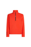 Oranger Langarm-Pullover mit hohem Kragen, halber Reißverschluss vorne und Polartec-Logo am Ärmel. Glatte Textur.
