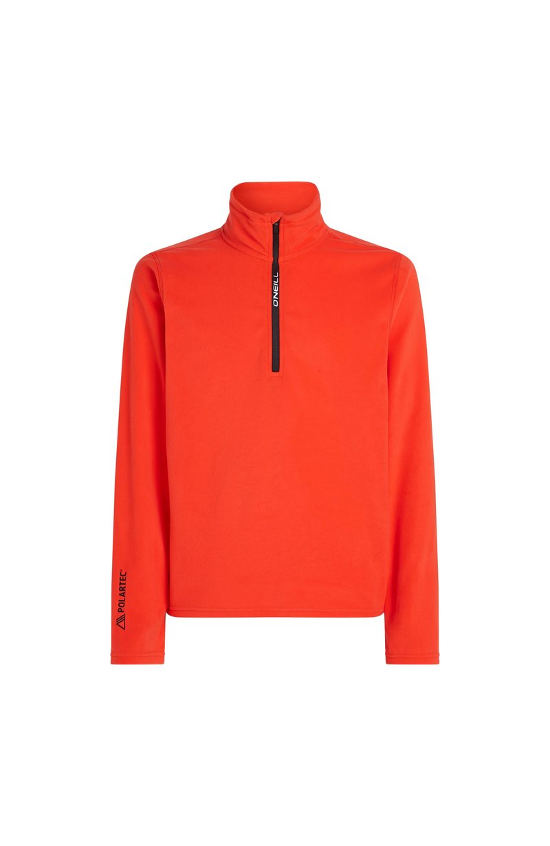 Oranger Langarm-Pullover mit hohem Kragen, halber Reißverschluss vorne und Polartec-Logo am Ärmel. Glatte Textur.