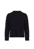 Schwarzer gestrickter Pullover mit einem strukturierten Rautenmuster, geripptem Rundhalsausschnitt und geripptem Saum, gefertigt aus einem weichen Wollmix.