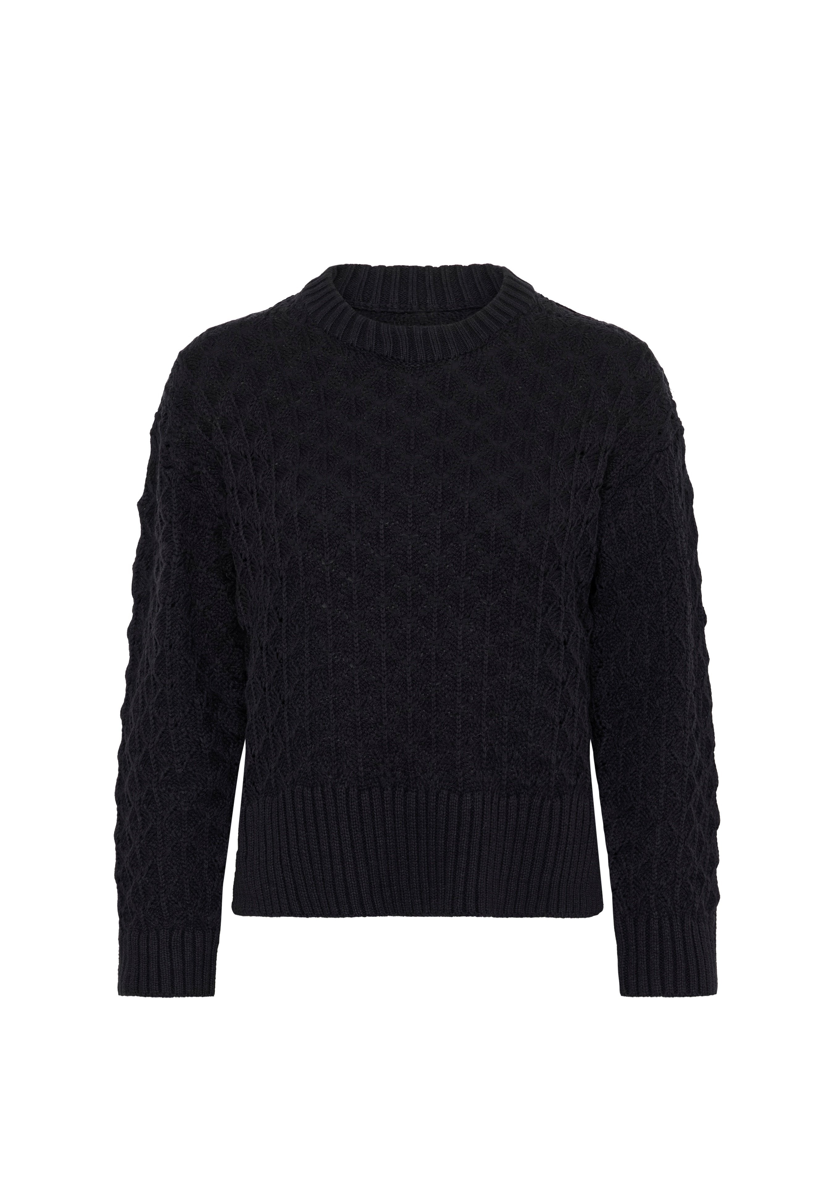 Schwarzer gestrickter Pullover mit einem strukturierten Rautenmuster, geripptem Rundhalsausschnitt und geripptem Saum, gefertigt aus einem weichen Wollmix.