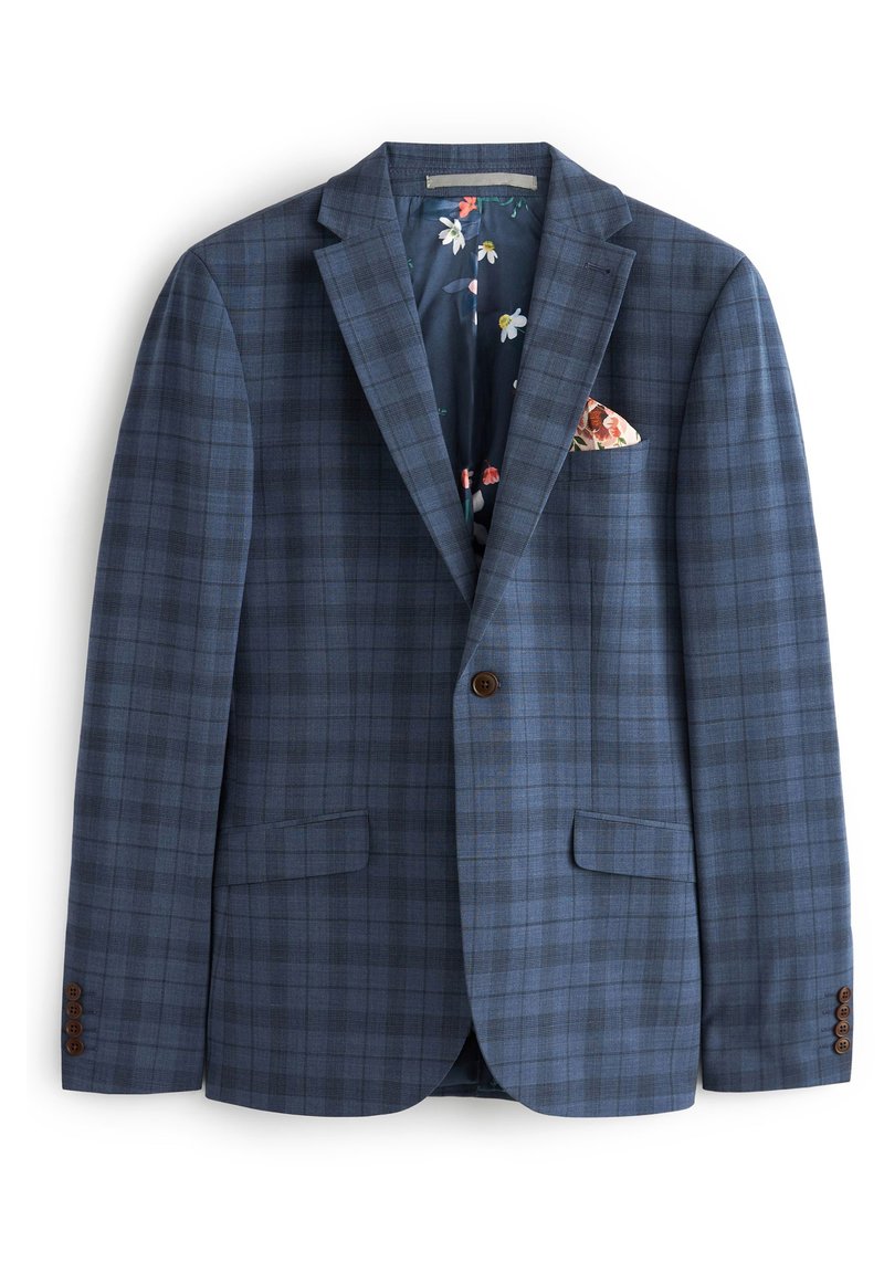 Blau kariertes Sakko mit aufgeschlagenem Revers, einem einzelnen braunen Knopfverschluss und zwei Vordertaschen. Blütenmuster im Innenfutter und Einstecktuch.
