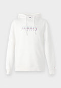 Weißer Kapuzenpullover aus Baumwollmischung mit einer vorderen Kängurutasche, verstellbarem Kapuze und mehrfarbigem "tommy JEANS"-Logo auf der Brust.