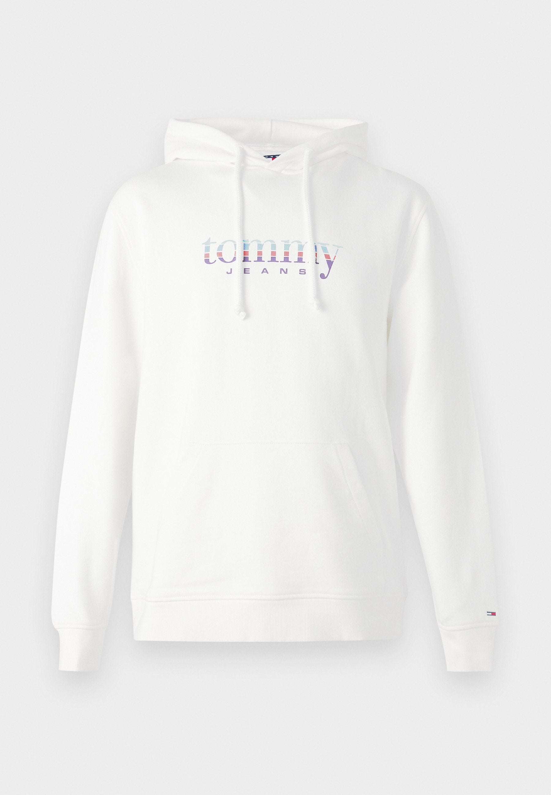 Weißer Kapuzenpullover aus Baumwollmischung mit einer vorderen Kängurutasche, verstellbarem Kapuze und mehrfarbigem "tommy JEANS"-Logo auf der Brust.