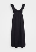 Schwarzes Maxikleid aus leichtem Stoff, mit tiefem V-Ausschnitt, schwingenden Ärmeln und gerafftem Bund für eine fließende Silhouette.