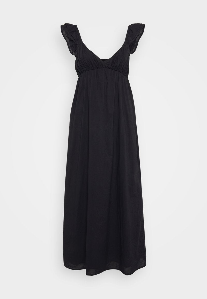 Schwarzes Maxikleid aus leichtem Stoff, mit tiefem V-Ausschnitt, schwingenden Ärmeln und gerafftem Bund für eine fließende Silhouette.