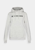 Grauer Hoodie aus weichem Material mit Kängurutasche, verstellbaren Kordeln und auffälligem schwarzen "HOSSGOR"-Logo auf der Brust.