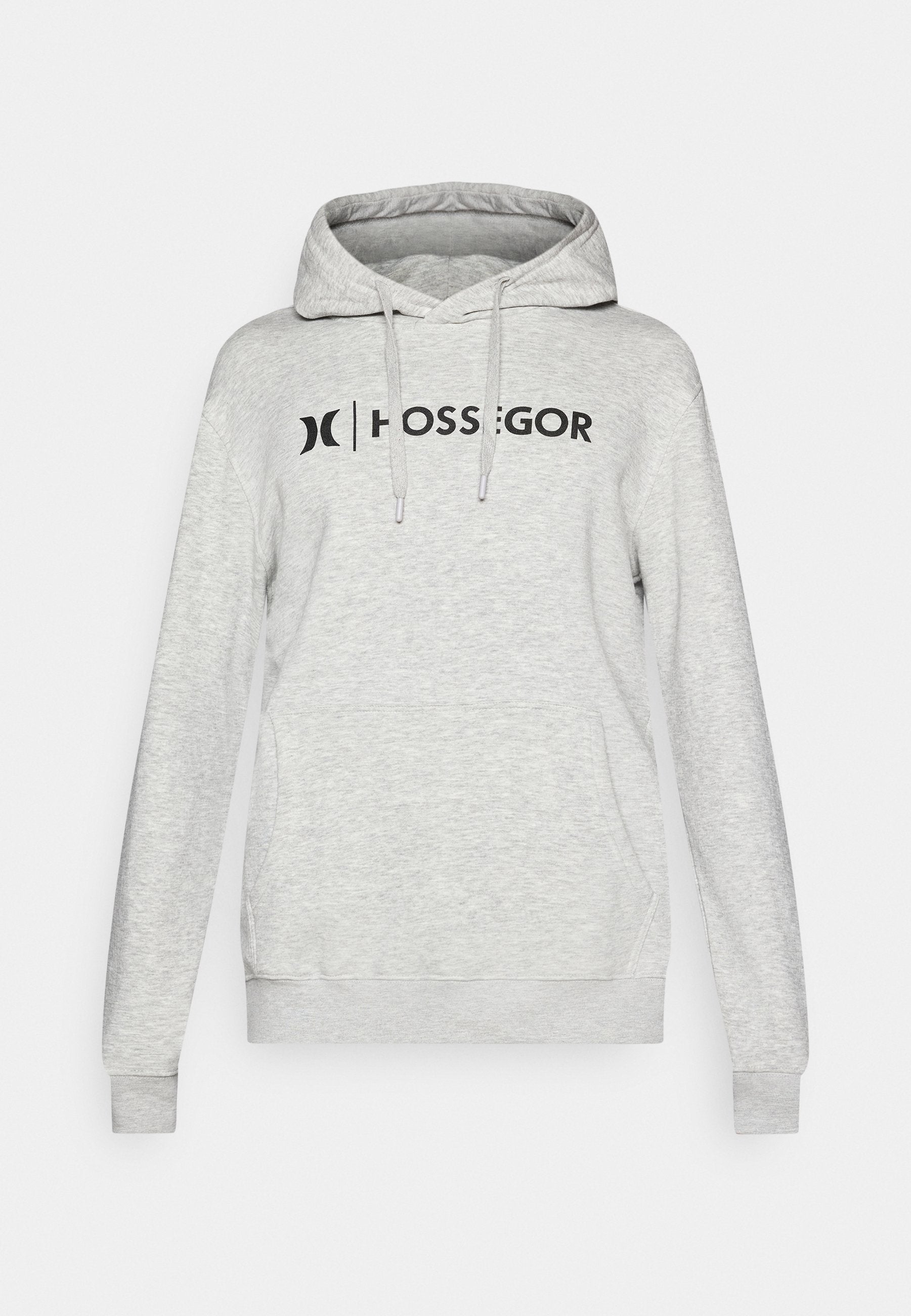Grauer Hoodie aus weichem Material mit Kängurutasche, verstellbaren Kordeln und auffälligem schwarzen "HOSSGOR"-Logo auf der Brust.
