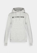Grauer Hoodie aus weichem Material mit Kängurutasche, verstellbaren Kordeln und auffälligem schwarzen "HOSSGOR"-Logo auf der Brust.
