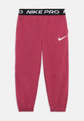 Dunkelrote Nike Pro Trainingshose mit schwarzem elastischem Bund, der den Schriftzug "NIKE PRO" und das weiße Nike-Swoosh-Logo am linken Oberschenkel trägt.