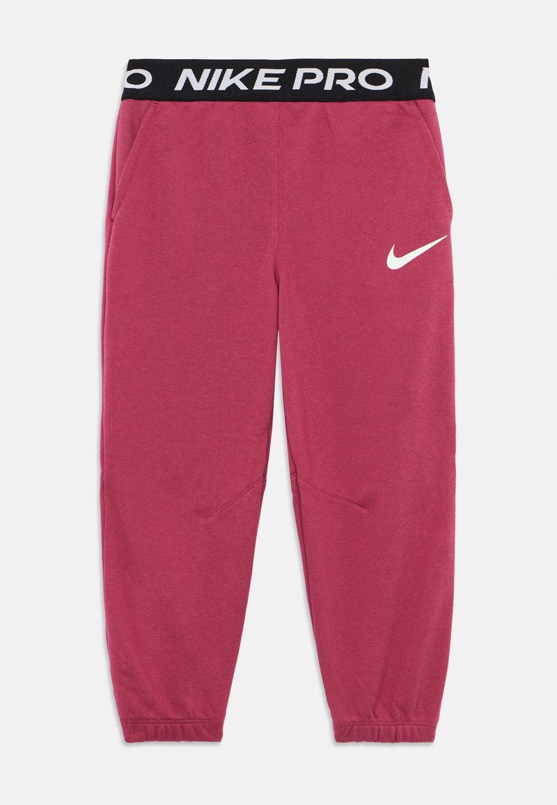 Dunkelrote Nike Pro Trainingshose mit schwarzem elastischem Bund, der den Schriftzug "NIKE PRO" und das weiße Nike-Swoosh-Logo am linken Oberschenkel trägt.