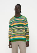 Mann mit dunkler Haut und Dreadlocks trägt einen bunten gestreiften Pullover mit grünen, gelben und orangen Tönen und beigen Hosen und steht vor weißem Hintergrund.