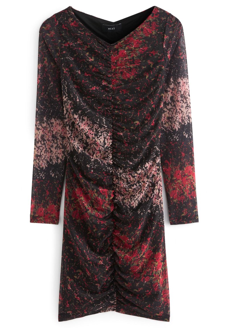 Schwarzes Langarmkleid mit einem rot-rosa gespritzten Muster, das einen V-Ausschnitt und Raffungselemente an der Vorder- und Seitenpartie aufweist.