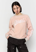 Helle pinkfarbene Sweatshirt mit Rundhalsausschnitt, Raglanärmeln und weißem "Diesel"-Logo auf der Vorderseite. Verfügt über einen grauen Rippkragen und -bündchen.