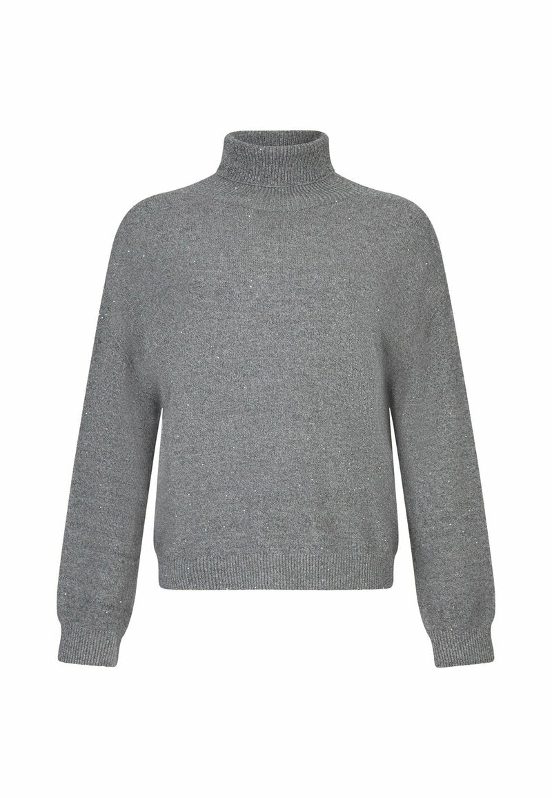 Grauer Rollkragenpullover aus strukturiertem Strickmaterial mit lockerer Passform, versehen mit einem gerippten Kragen und Bündchen sowie subtilen, glitzernden Akzenten.