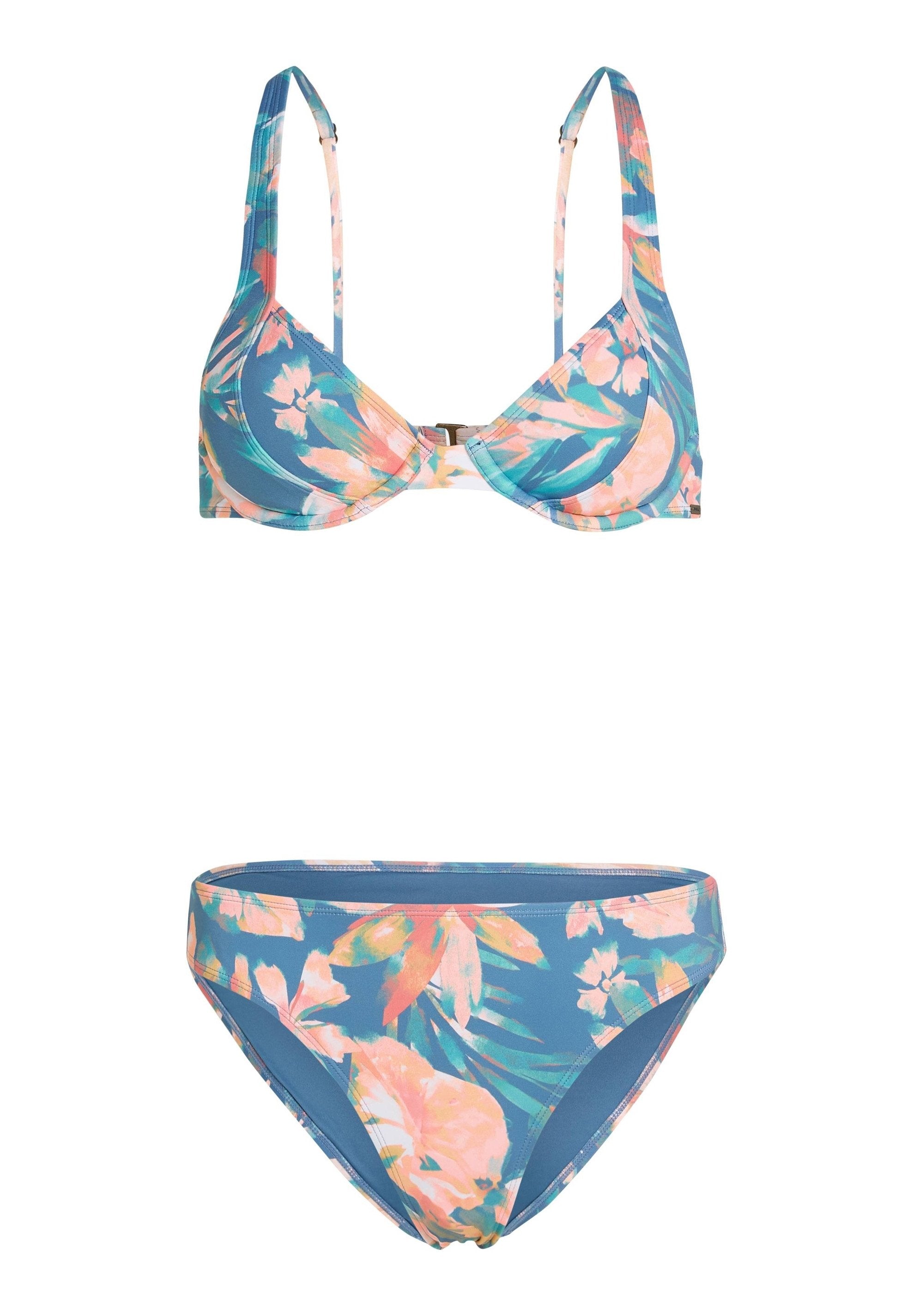 Bikini-Set mit einem blauen Stoff, der mit einem lebhaften Blumenmuster in Pink, Grün und Orange gestaltet ist. Verstellbare Träger und ein Verschluss in der Mitte.