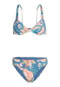 Bikini-Set mit einem blauen Stoff, der mit einem lebhaften Blumenmuster in Pink, Grün und Orange gestaltet ist. Verstellbare Träger und ein Verschluss in der Mitte.