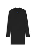 Schwarzes langärmliges Oberteil aus glattem Stoff, mit hohem Halsausschnitt und kleinem blauen Logo. Einfaches, minimalistisches Design ohne Muster.