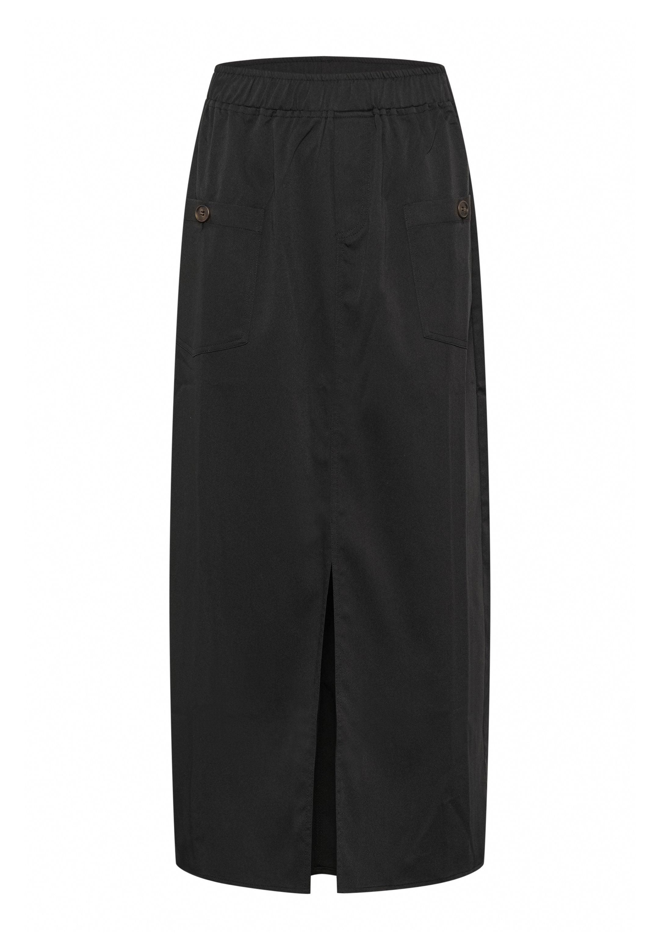 Schwarzer Midi-Rock aus glattem Stoff. Verfügt über einen elastischen Bund, zwei Seitentaschen und einen Frontschlitz für zusätzlichen Detail.